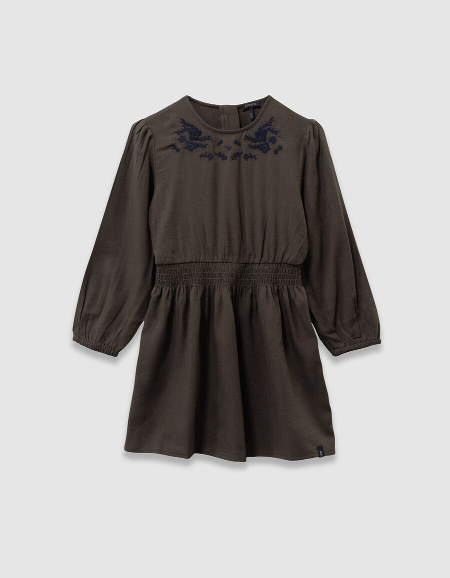 abito color cachi per bambine con ricamo floreale blu navy