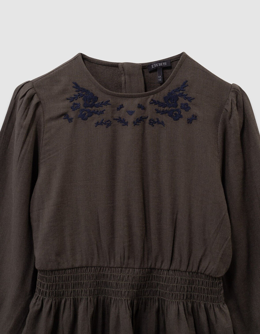 abito color cachi per bambine con ricamo floreale blu navy