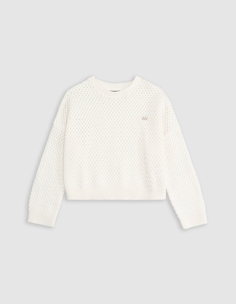 maglione bianco in cotone biologico lavorato a maglia fancy relief girl