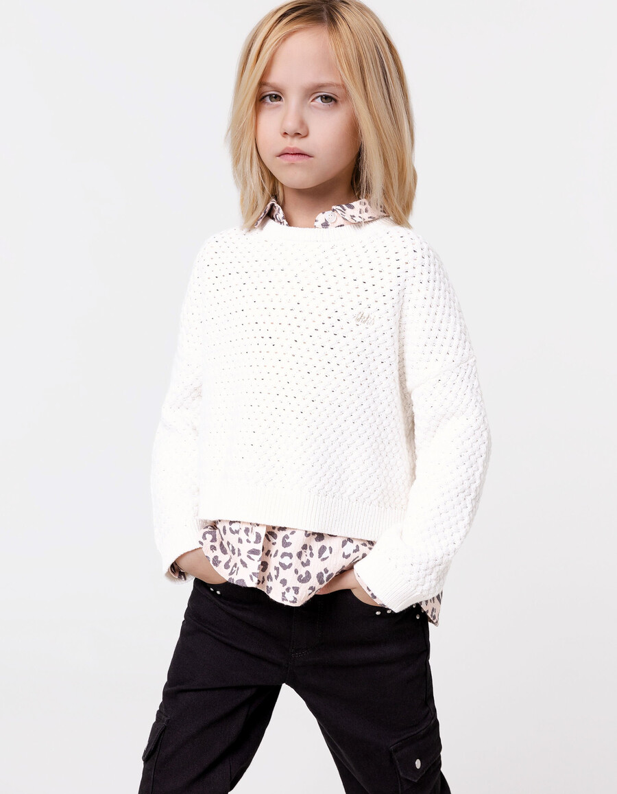 maglione bianco in cotone biologico lavorato a maglia fancy relief girl