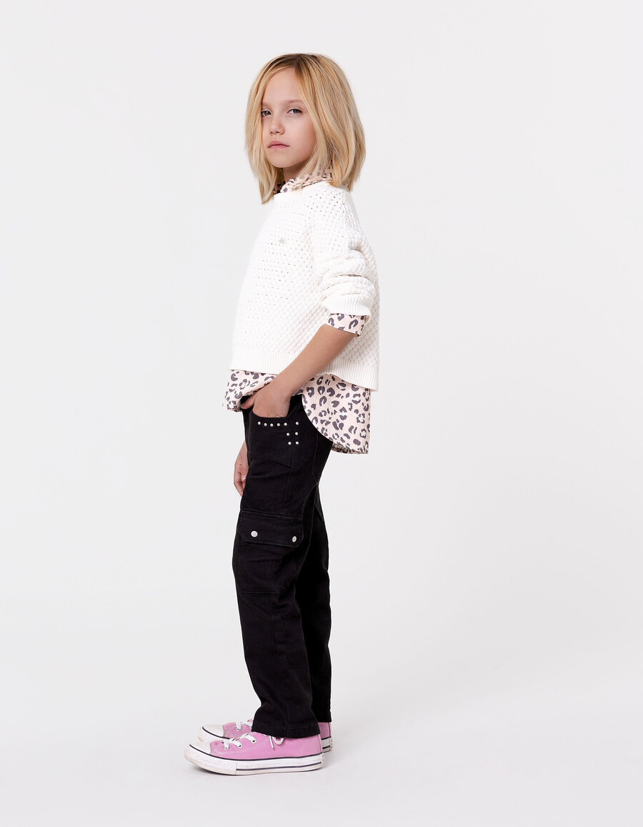 maglione bianco in cotone biologico lavorato a maglia fancy relief girl
