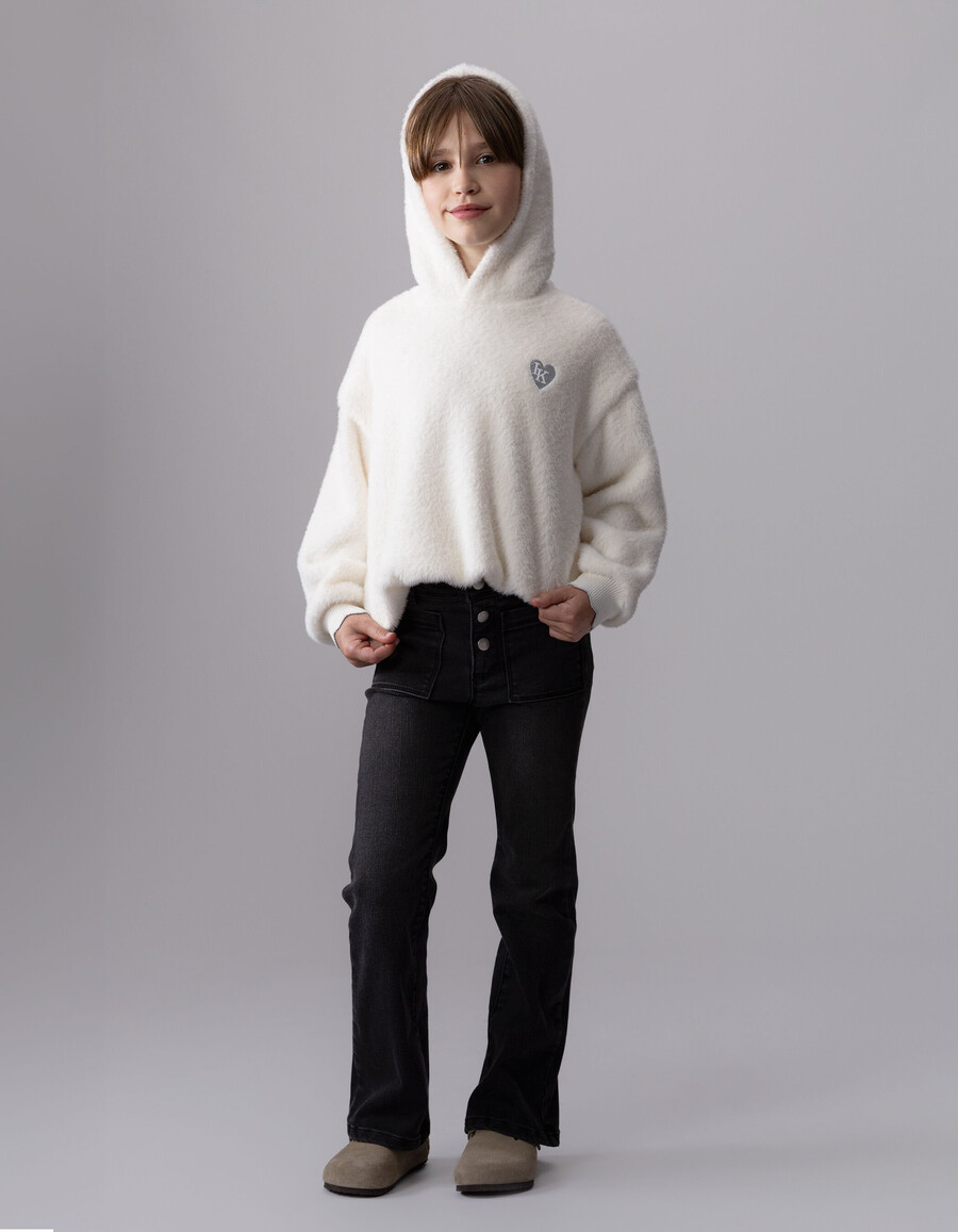 felpa con cappuccio morbida color ecru da bambina con stemma a forma di cuore