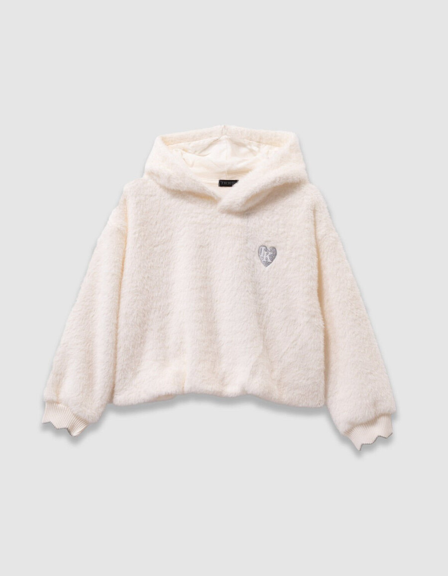 felpa con cappuccio morbida color ecru da bambina con stemma a forma di cuore