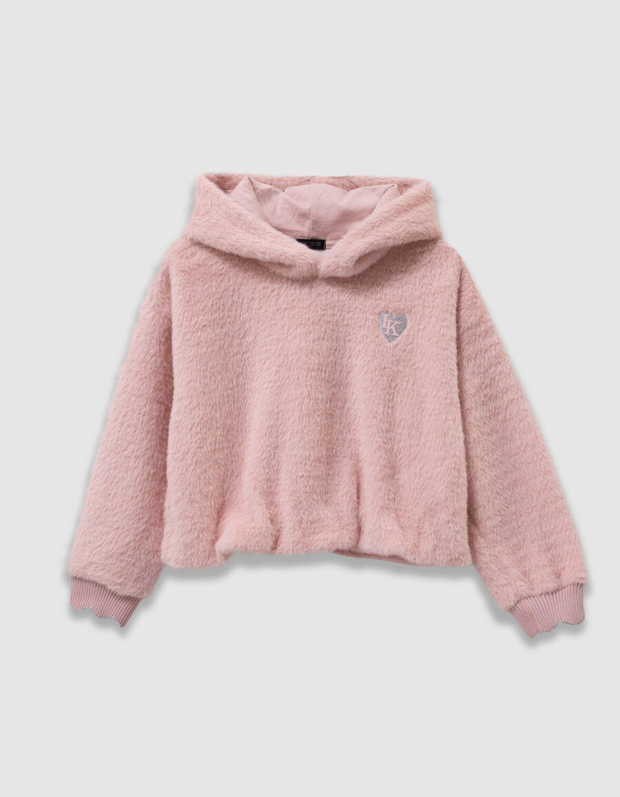 felpa con cappuccio rosa morbida per bambine con stemma a forma di cuore
