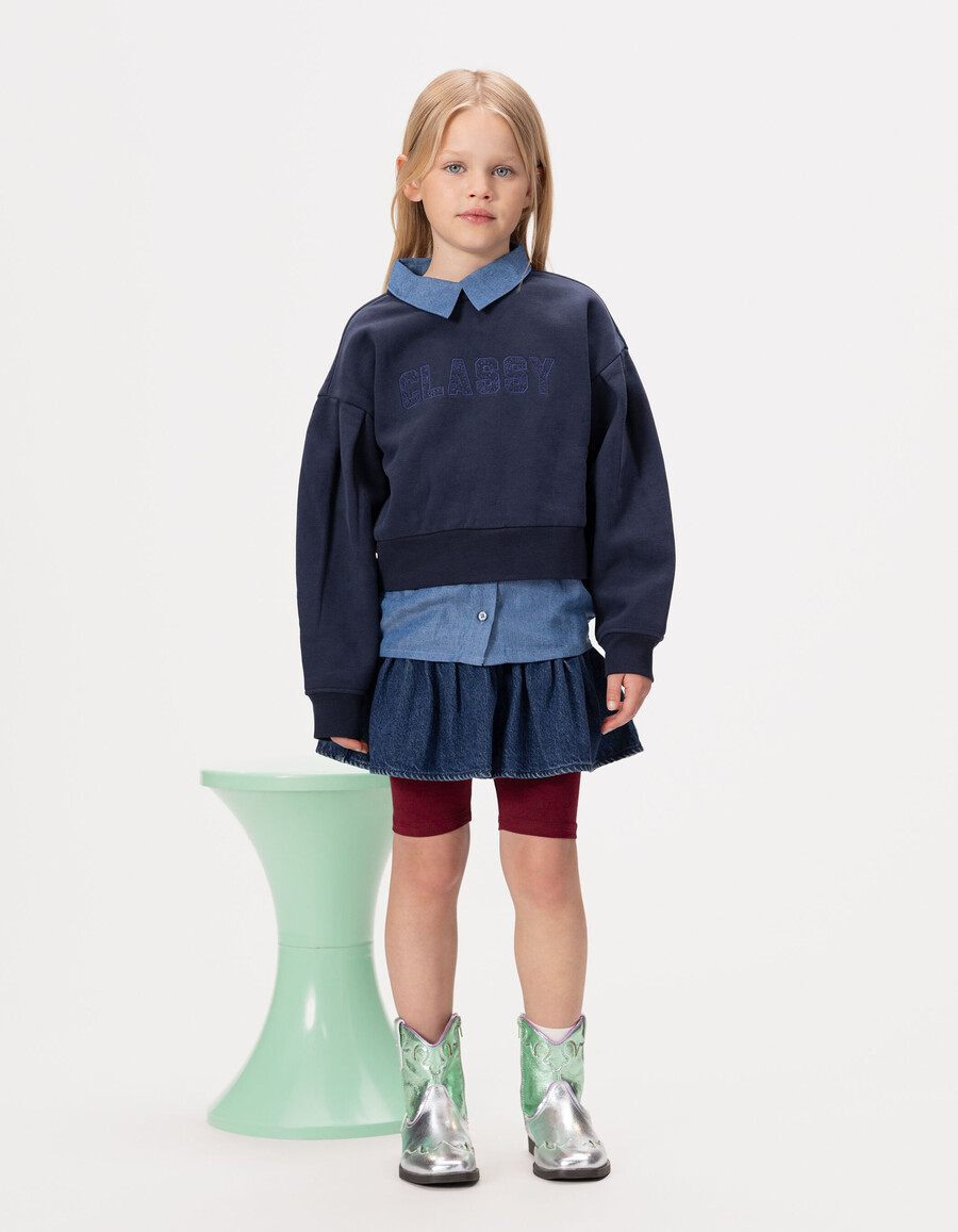 felpa blu navy trompe-loeil per bambine