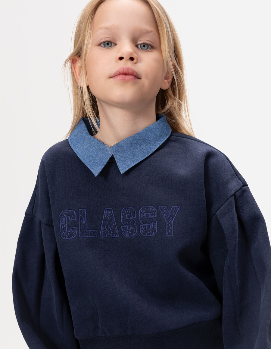 felpa blu navy trompe-loeil per bambine