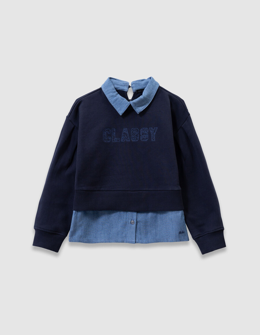 felpa blu navy trompe-loeil per bambine