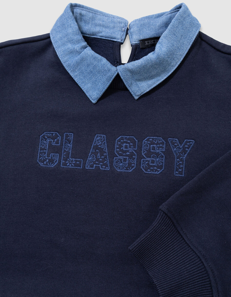 felpa blu navy trompe-loeil per bambine