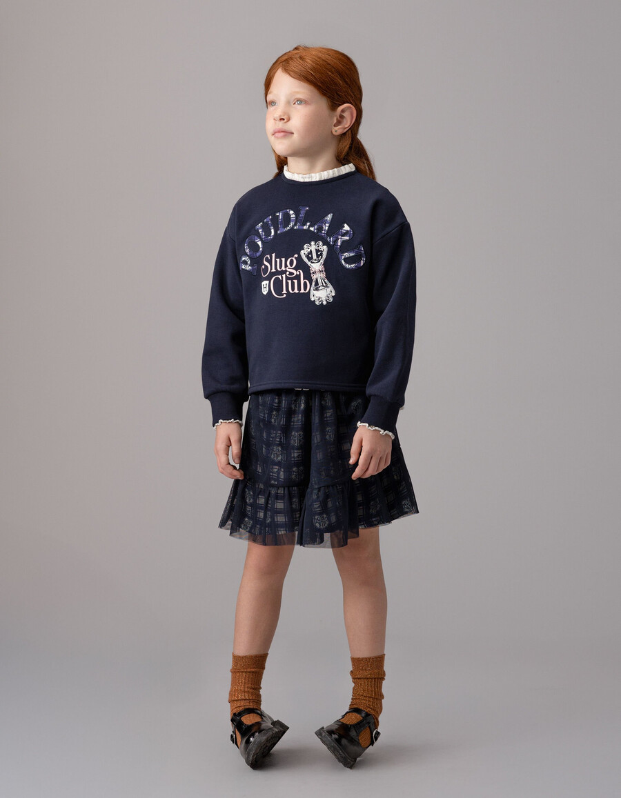 felpa blu navy da bambina slogan di harry potter collo a balza