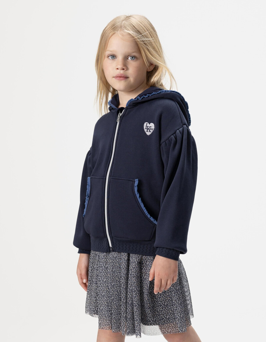 cardigan blu navy con cappuccio e cerniera e rifiniture in pizzo per bambine