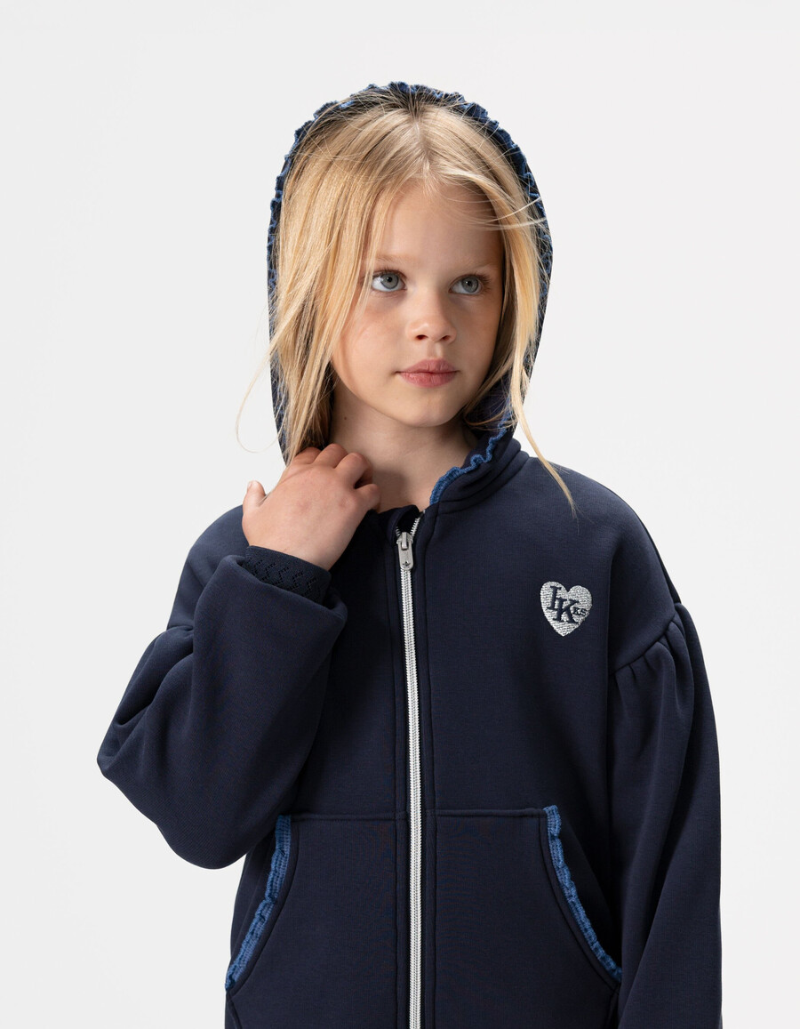 cardigan blu navy con cappuccio e cerniera e rifiniture in pizzo per bambine
