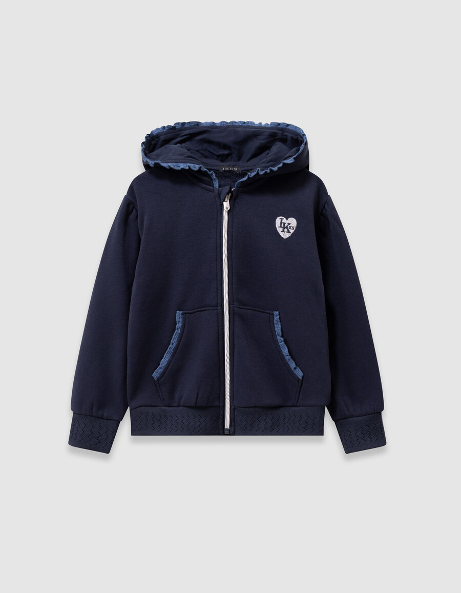 cardigan blu navy con cappuccio e cerniera e rifiniture in pizzo per bambine