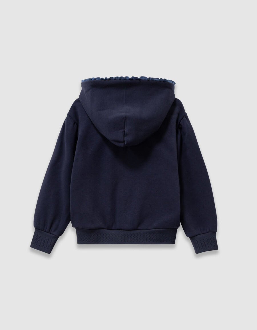 cardigan blu navy con cappuccio e cerniera e rifiniture in pizzo per bambine
