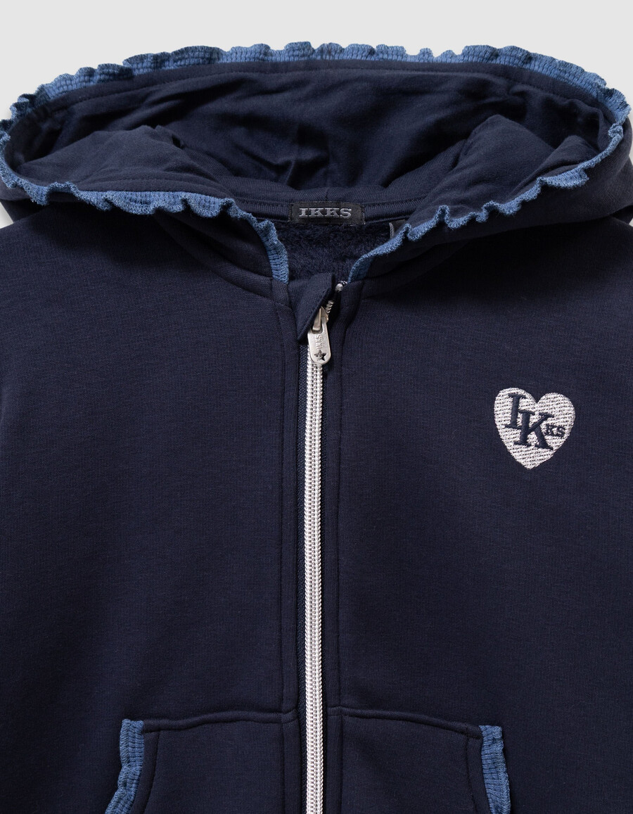 cardigan blu navy con cappuccio e cerniera e rifiniture in pizzo per bambine