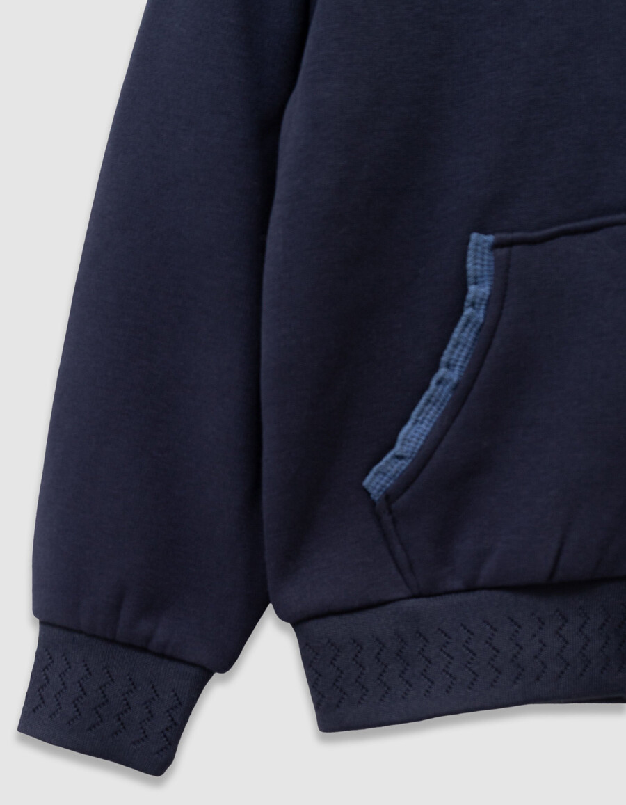 cardigan blu navy con cappuccio e cerniera e rifiniture in pizzo per bambine