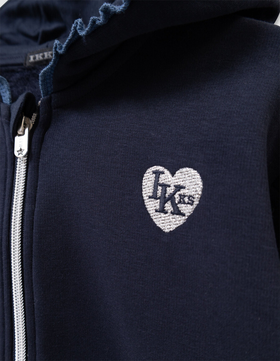 cardigan blu navy con cappuccio e cerniera e rifiniture in pizzo per bambine
