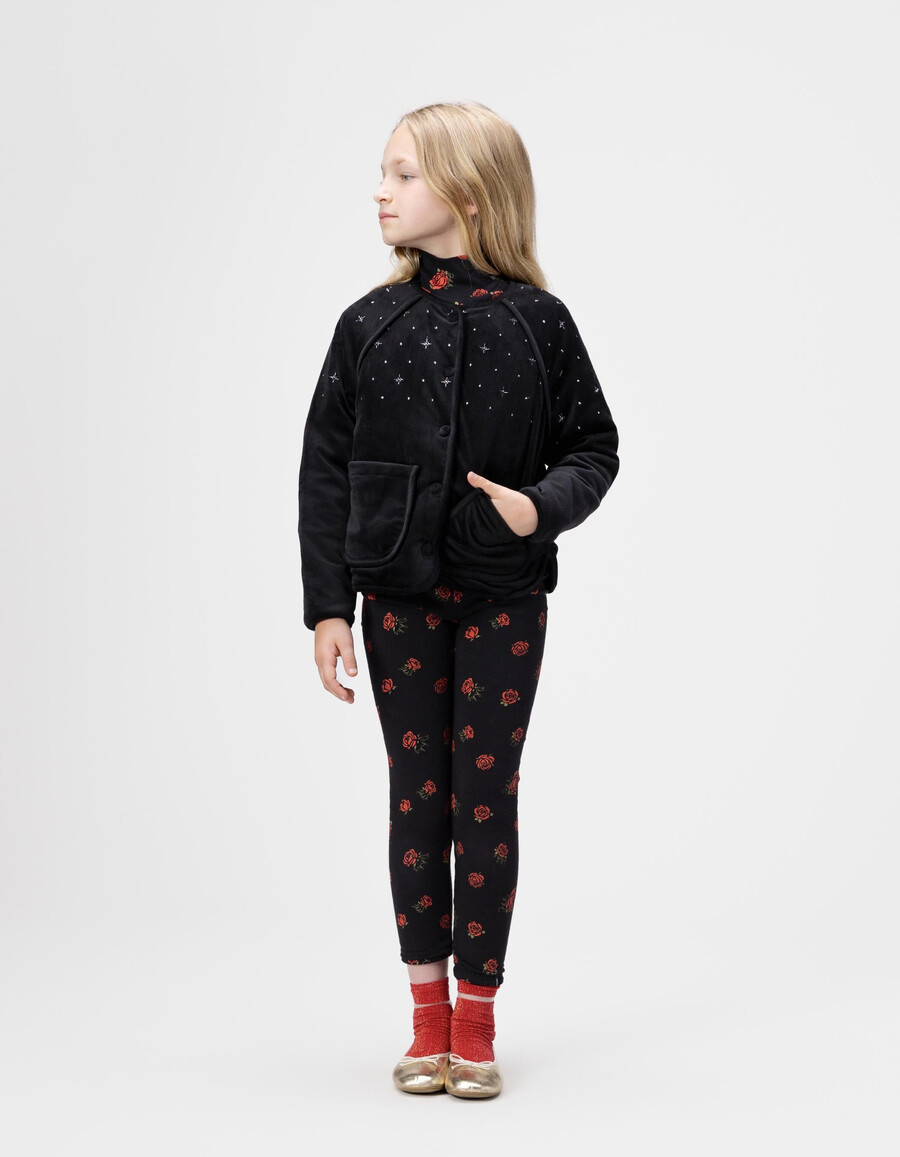cardigan trapuntato in velluto ricamato nero per bambine