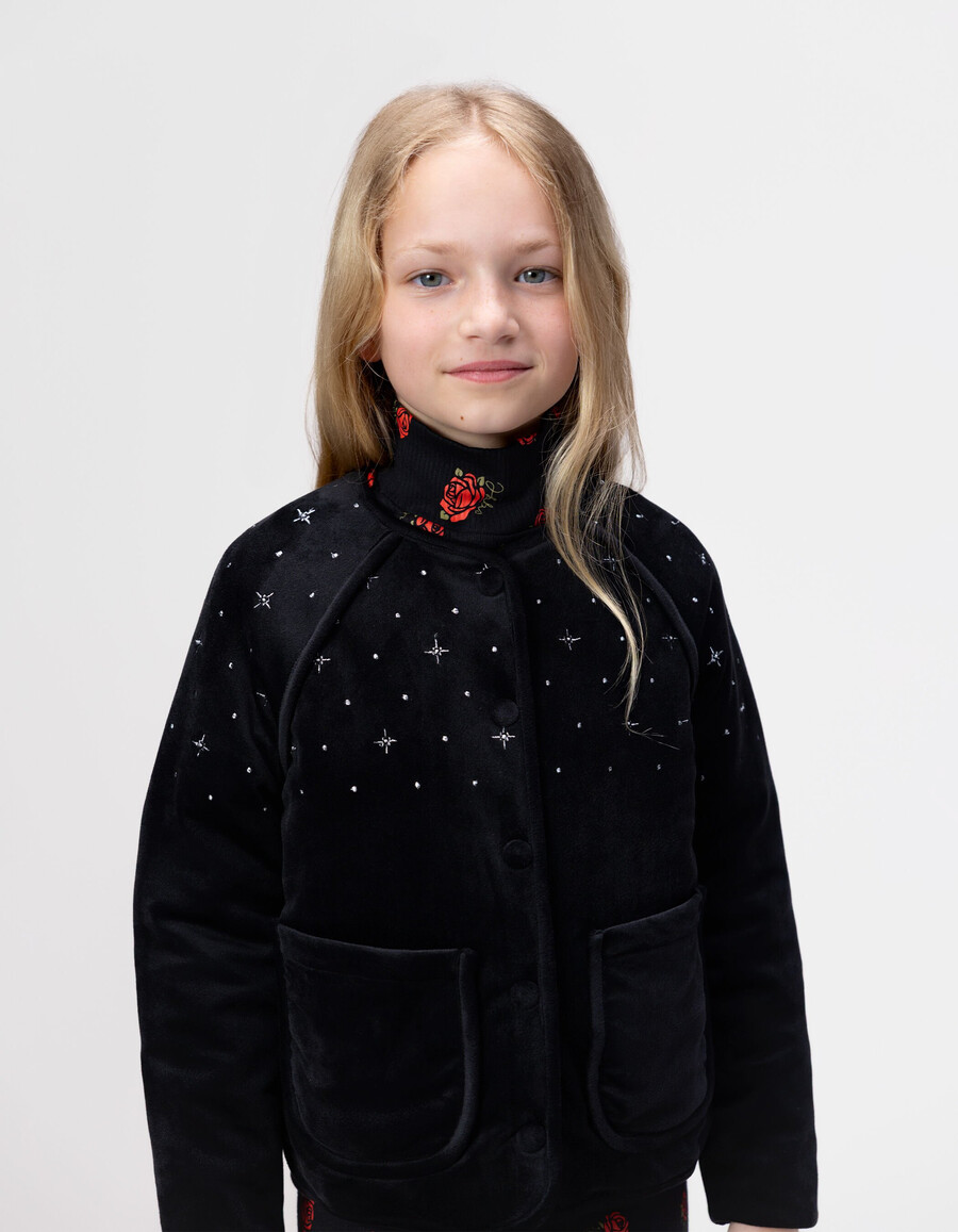 cardigan trapuntato in velluto ricamato nero per bambine