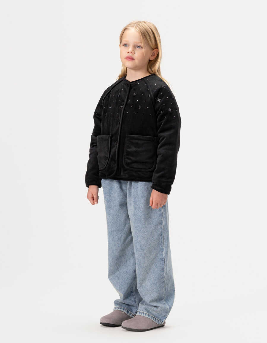 cardigan trapuntato in velluto ricamato nero per bambine