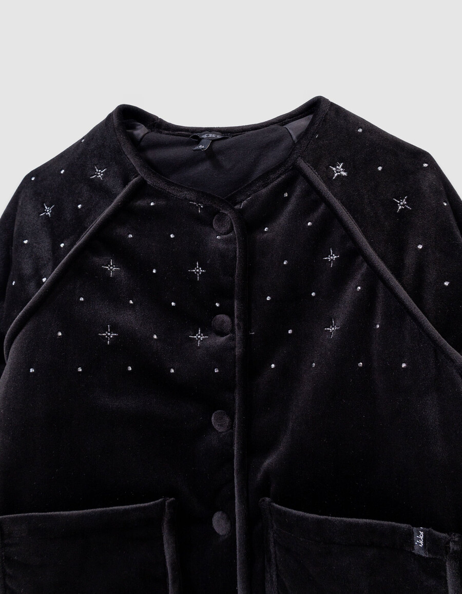 cardigan trapuntato in velluto ricamato nero per bambine