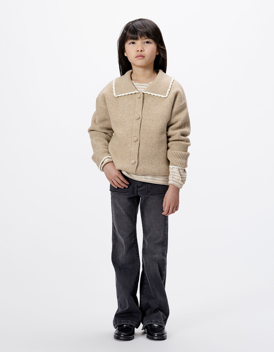 cardigan beige in maglia con maniche a coste per bambine