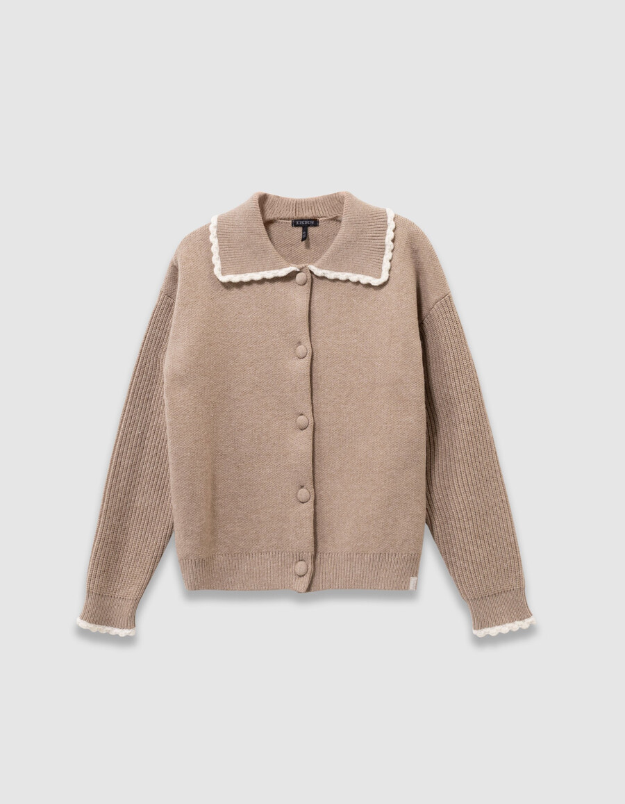cardigan beige in maglia con maniche a coste per bambine