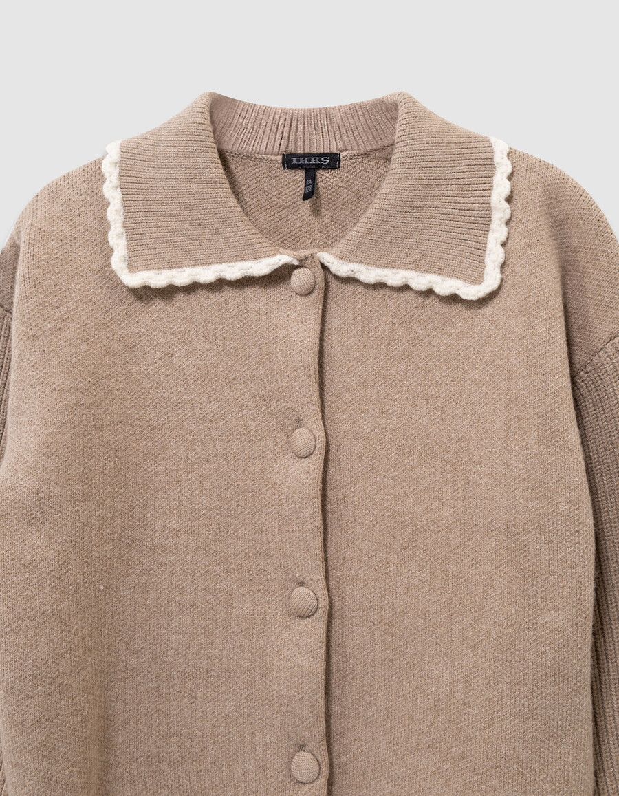 cardigan beige in maglia con maniche a coste per bambine