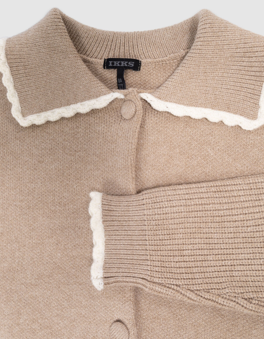 cardigan beige in maglia con maniche a coste per bambine