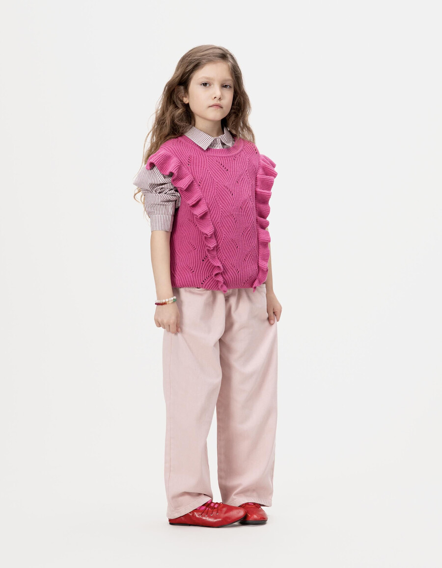 maglione senza maniche in maglia decorativa rosa per bambine volant