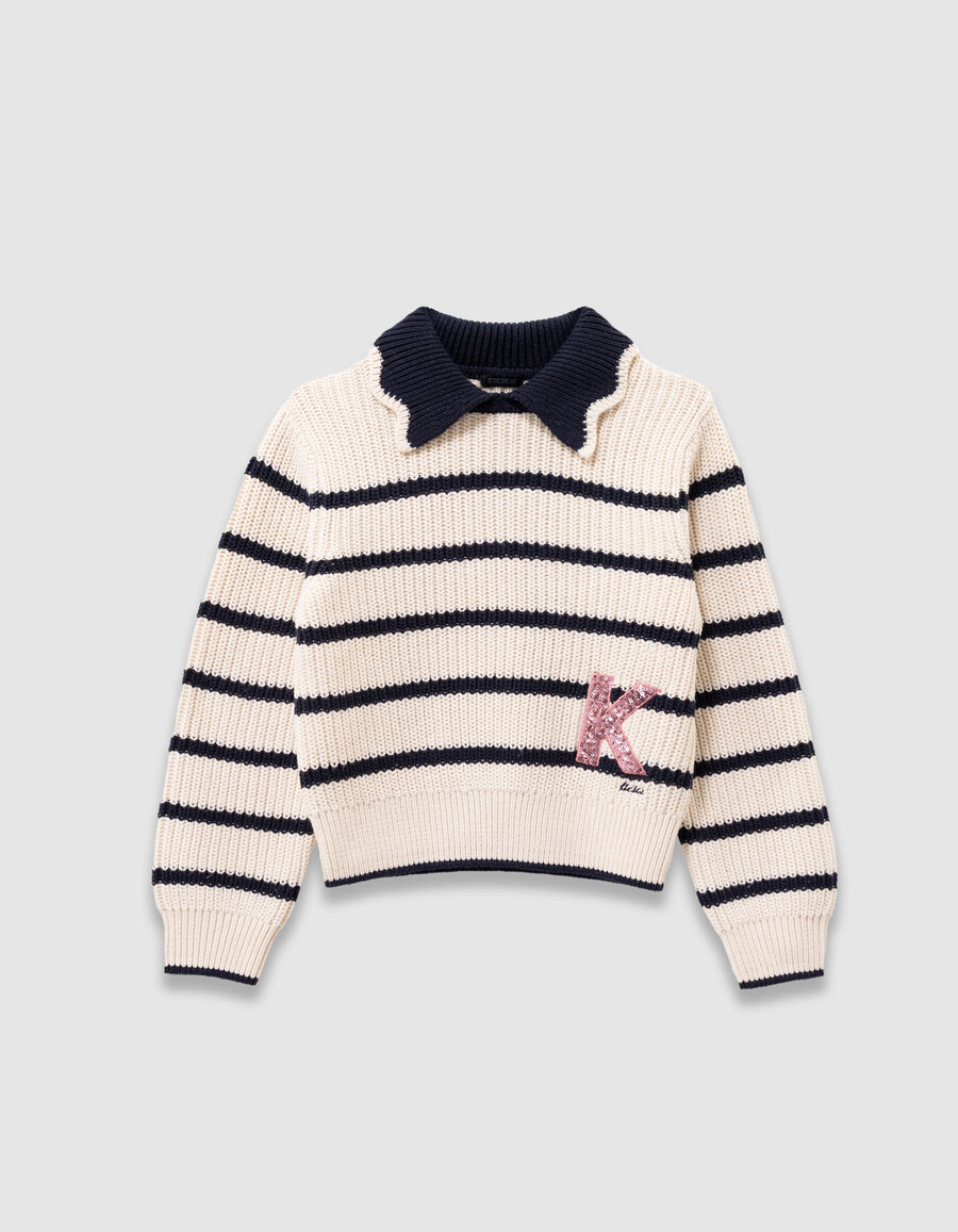 maglione lavorato a maglia écru per bambine colletto blu navy lettera con paillettes