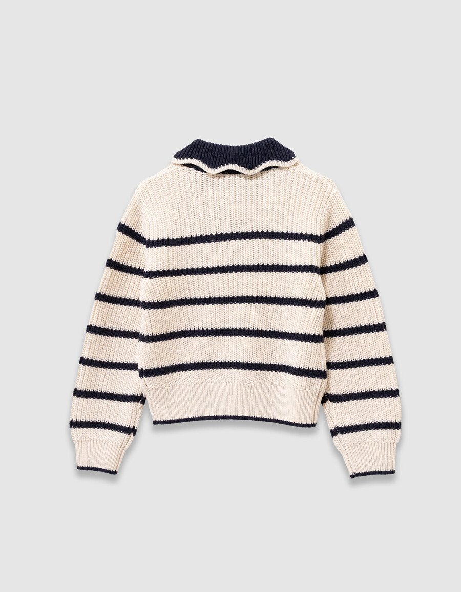 maglione lavorato a maglia écru per bambine colletto blu navy lettera con paillettes