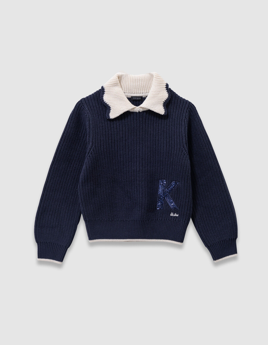 maglione blu navy da bambina colletto écru lettera con paillettes