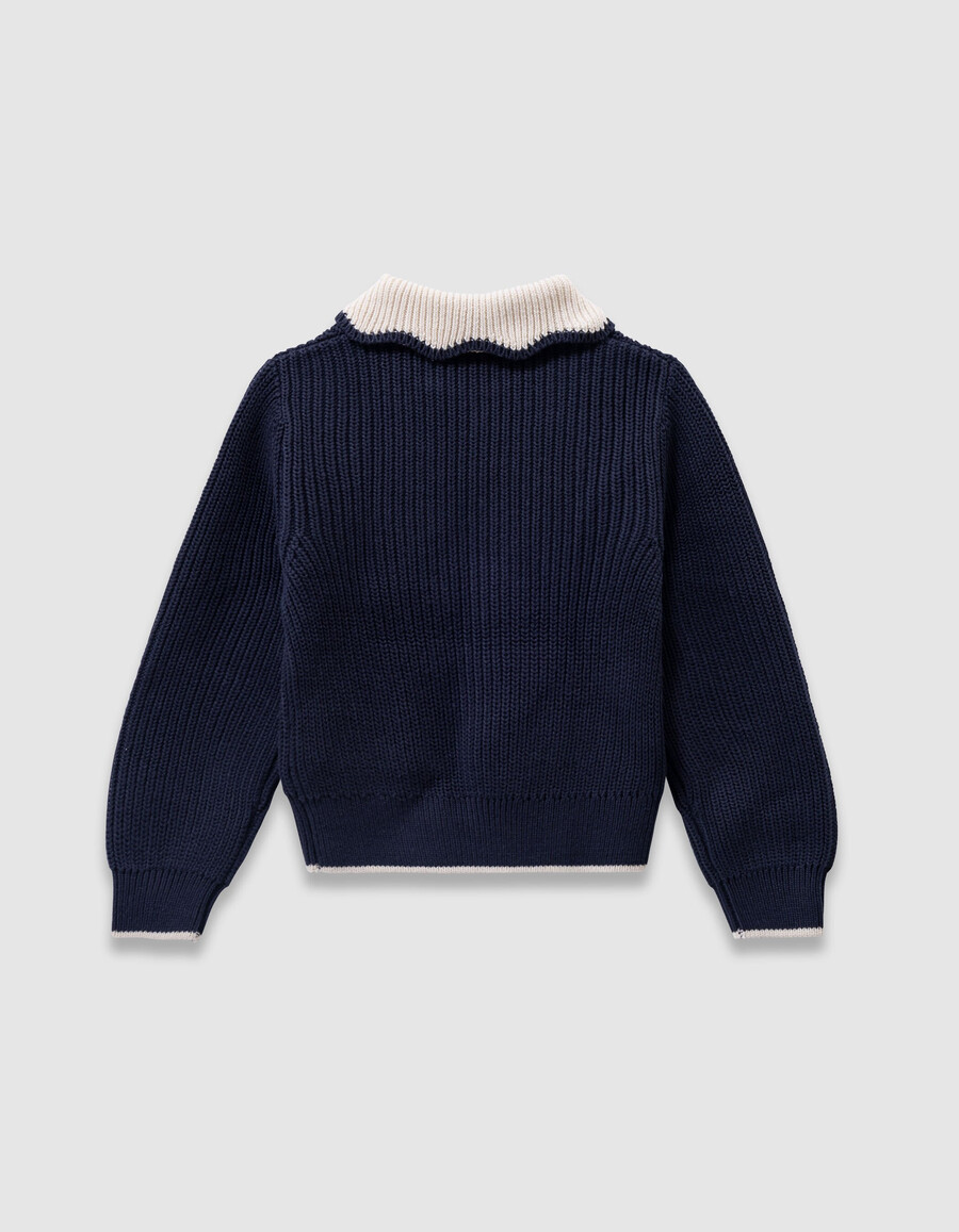 maglione blu navy da bambina colletto écru lettera con paillettes