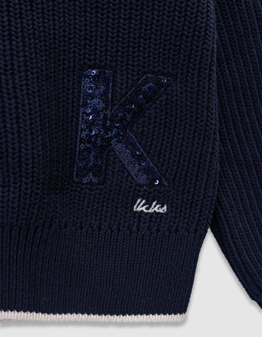 maglione blu navy da bambina colletto écru lettera con paillettes