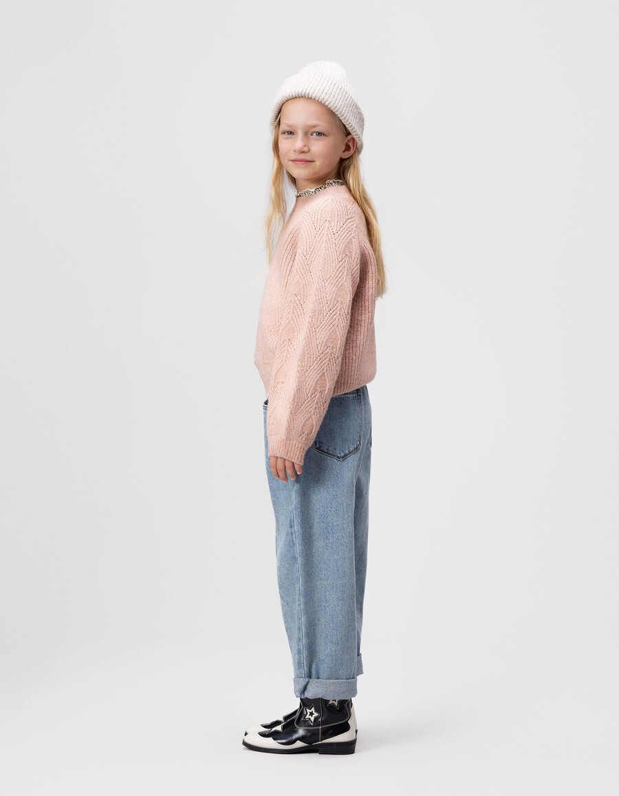 maglione rosa in maglia con maniche jacquard per bambine