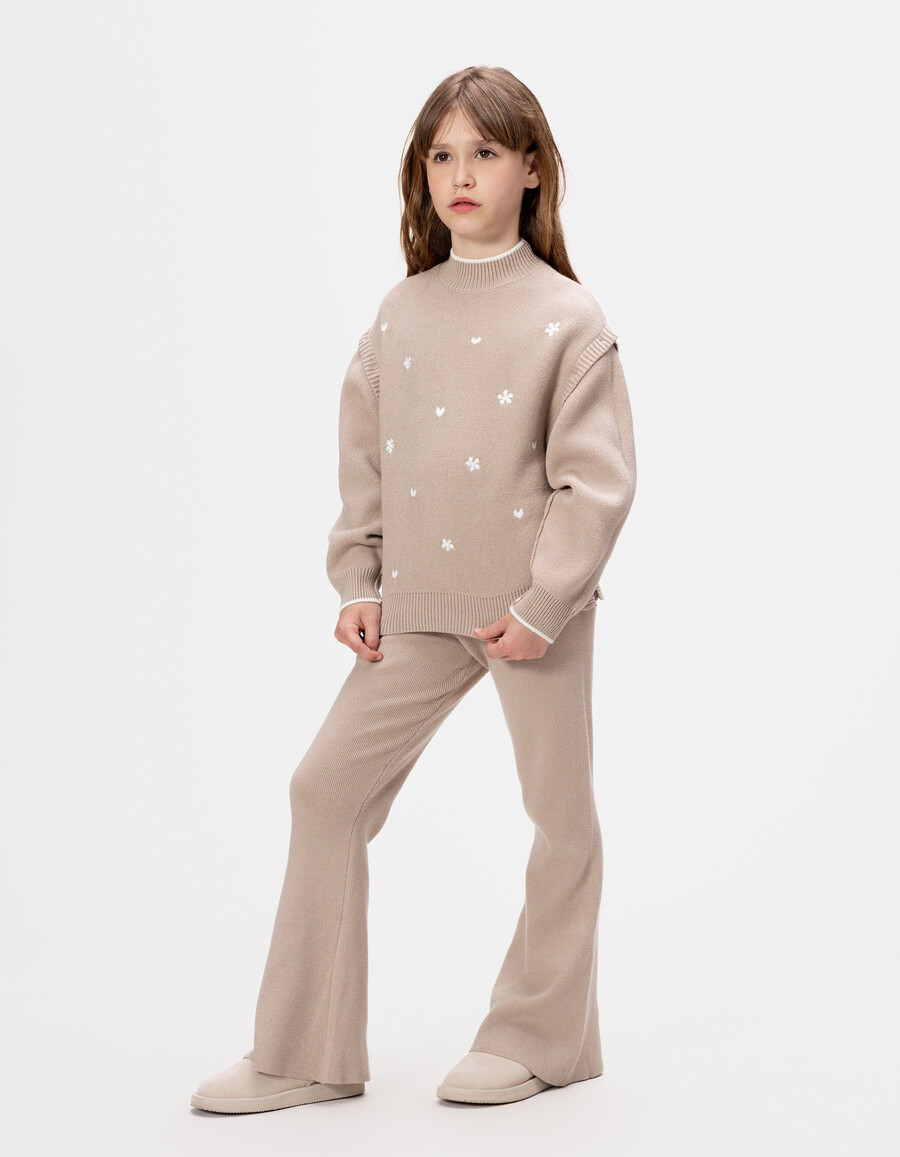 maglione beige in maglia per bambine con maniche staccabili
