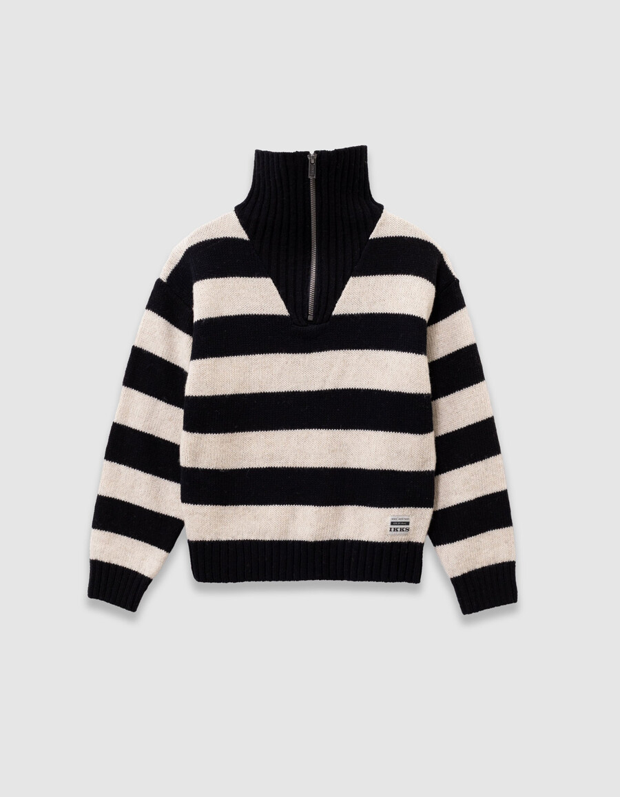 maglione nero con zip e collo a righe beige per bambini