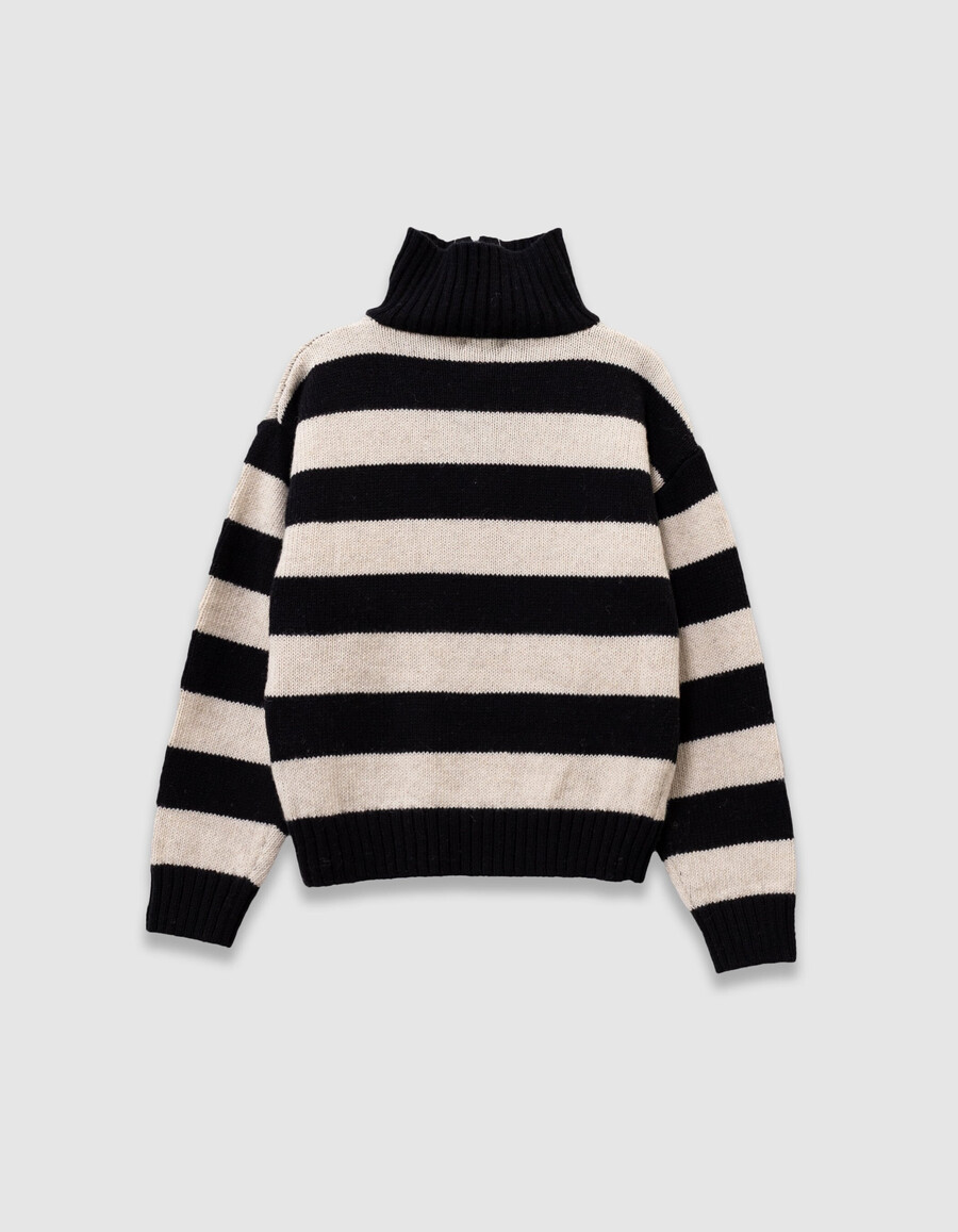 maglione nero con zip e collo a righe beige per bambini