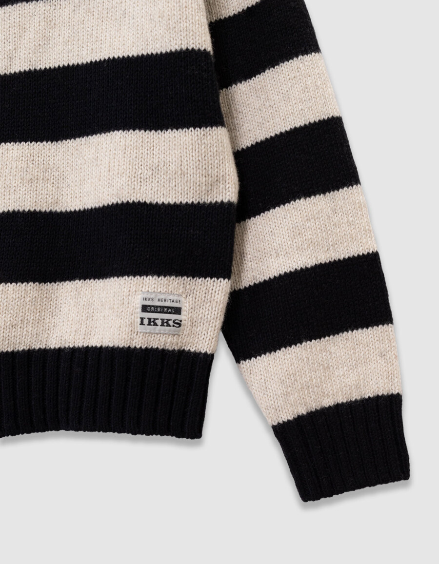 maglione nero con zip e collo a righe beige per bambini