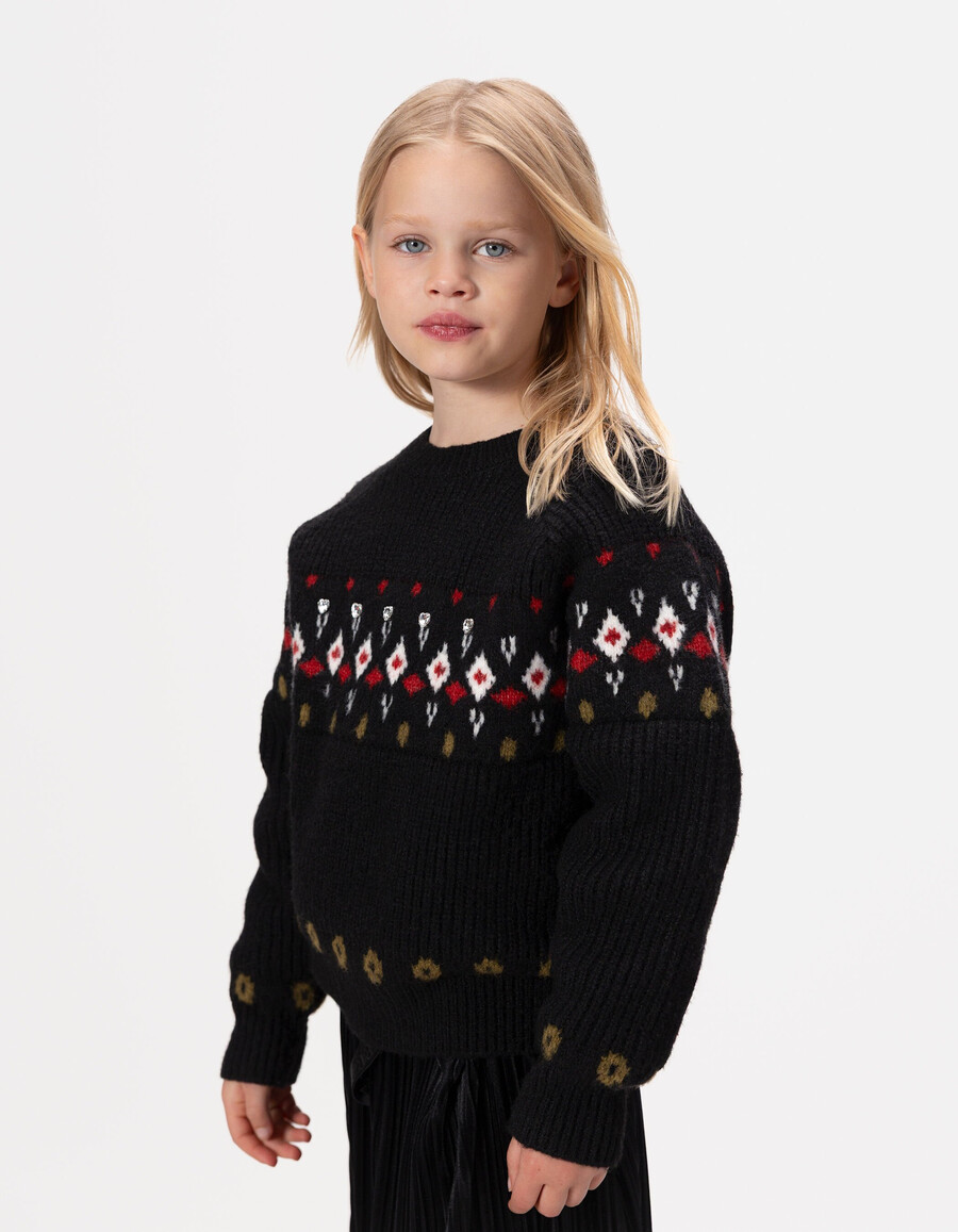 maglione invernale in maglia jacquard nera con strass per bambine