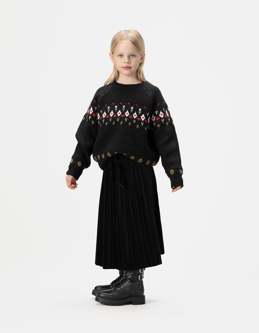 maglione invernale in maglia jacquard nera con strass per bambine