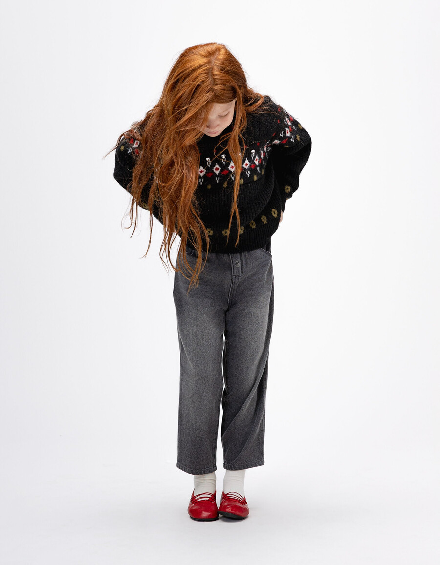 maglione invernale in maglia jacquard nera con strass per bambine