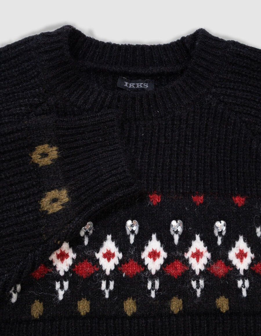 maglione invernale in maglia jacquard nera con strass per bambine