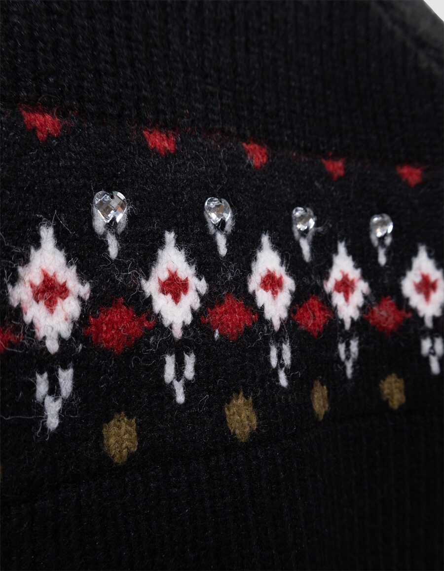 maglione invernale in maglia jacquard nera con strass per bambine