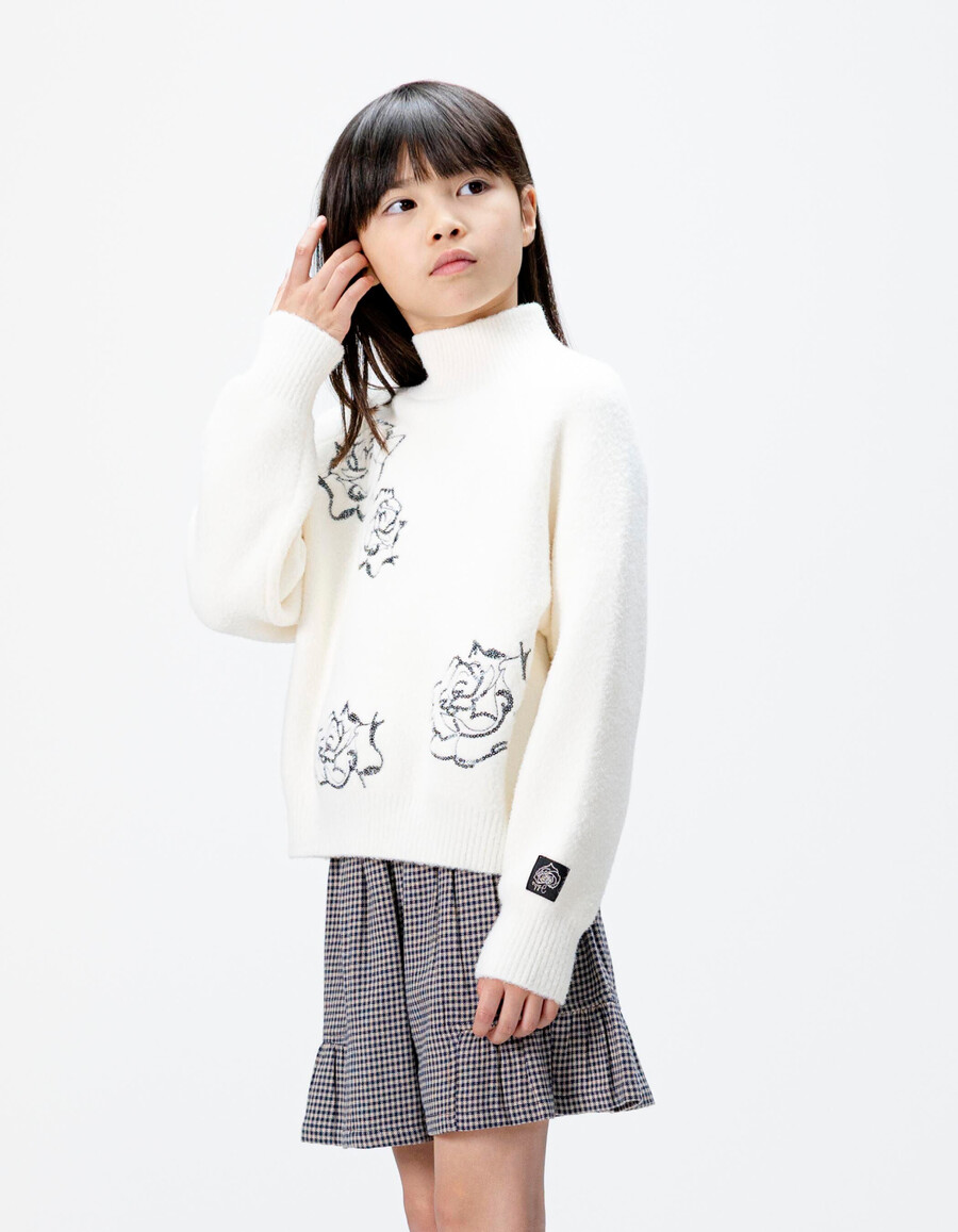 maglione bianco lavorato a maglia a collo alto per bambine con ricamo di paillettes