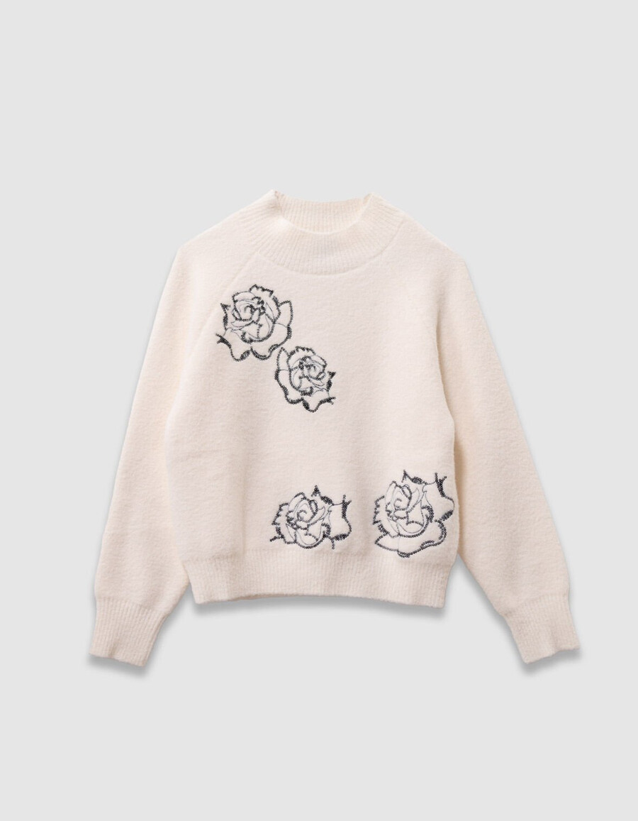maglione bianco lavorato a maglia a collo alto per bambine con ricamo di paillettes