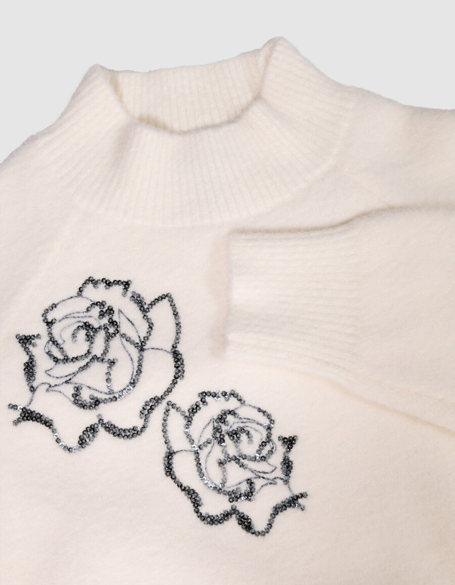 maglione bianco lavorato a maglia a collo alto per bambine con ricamo di paillettes