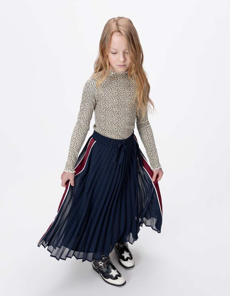 gonna lunga plissettata blu navy con strisce laterali per bambine