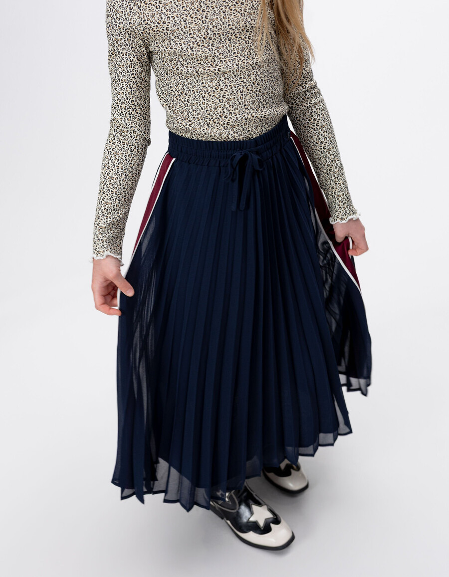 gonna lunga plissettata blu navy con strisce laterali per bambine