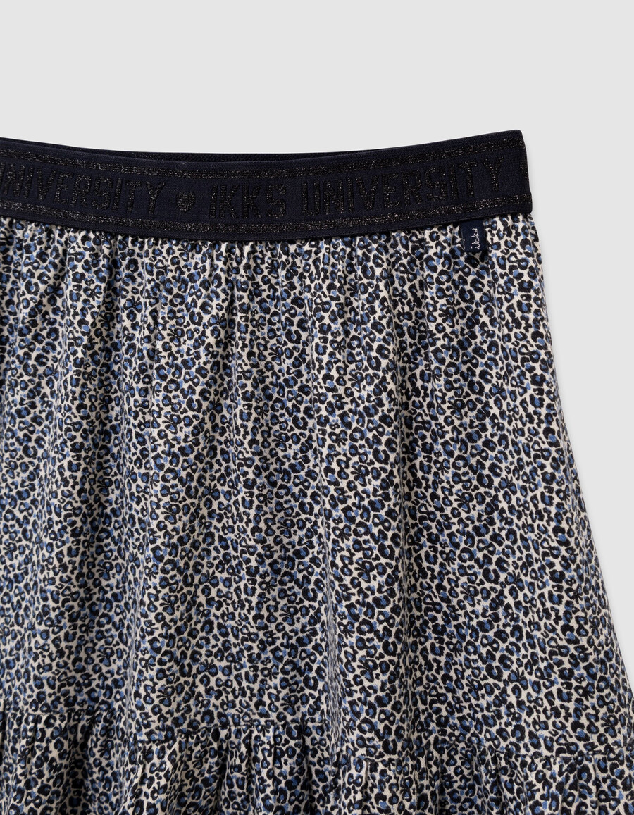 gonna corta blu navy per bambine con stampa leopardata e fiocco